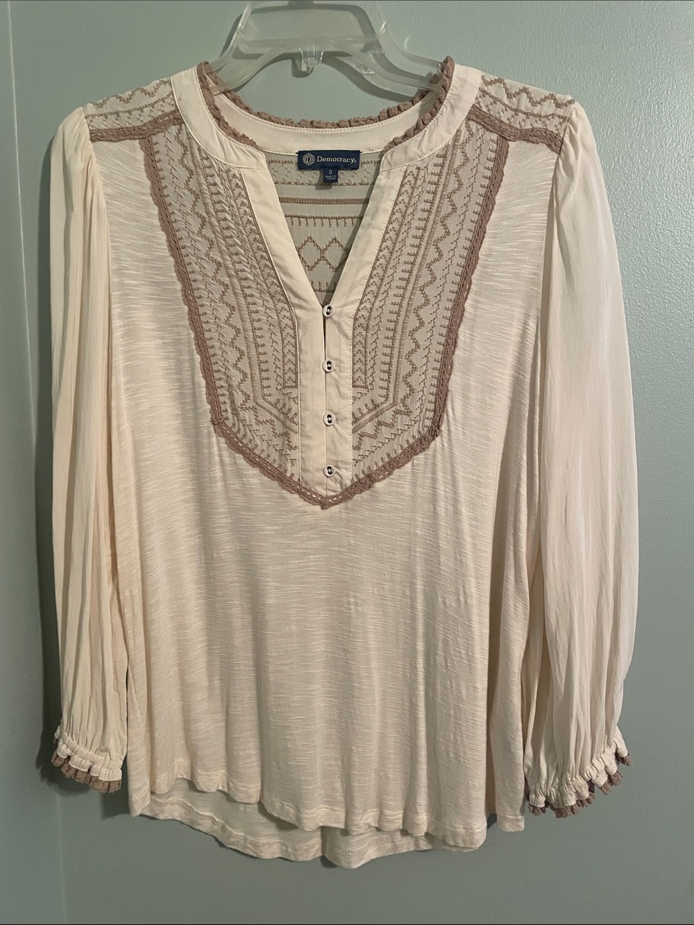 Democracy Cream Peasant Blouse with Taupe Embroidery